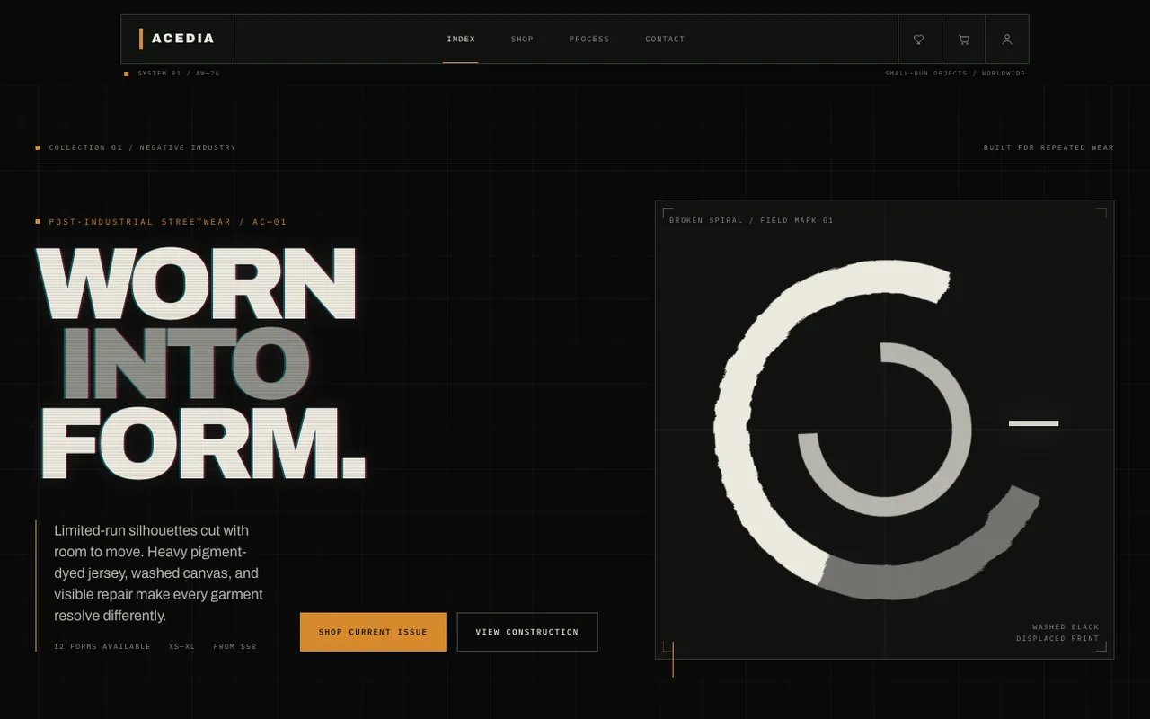 Acedia storefront home page with the headline “Worn into form.”
