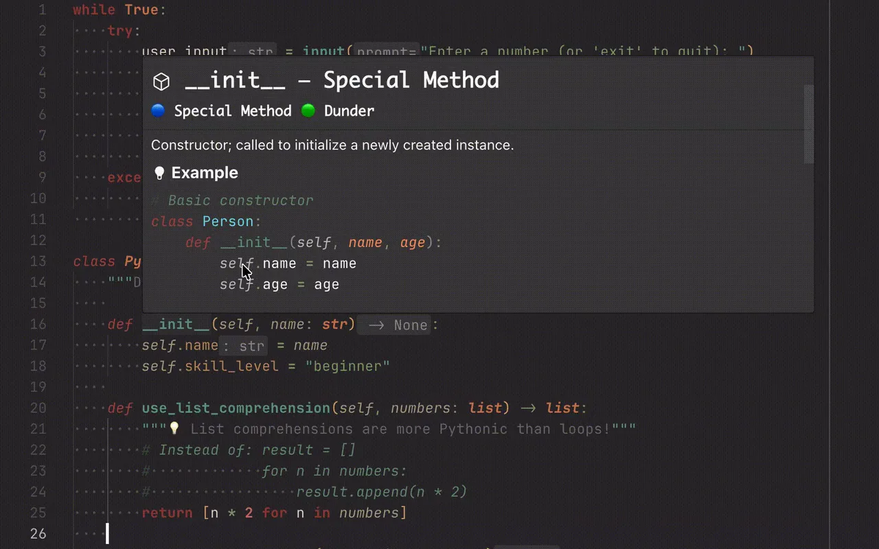 Python Hover showing documentation for __init__ in a VS Code hover card